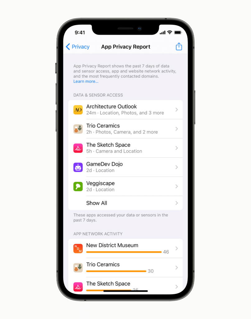 App privacy report in Settings