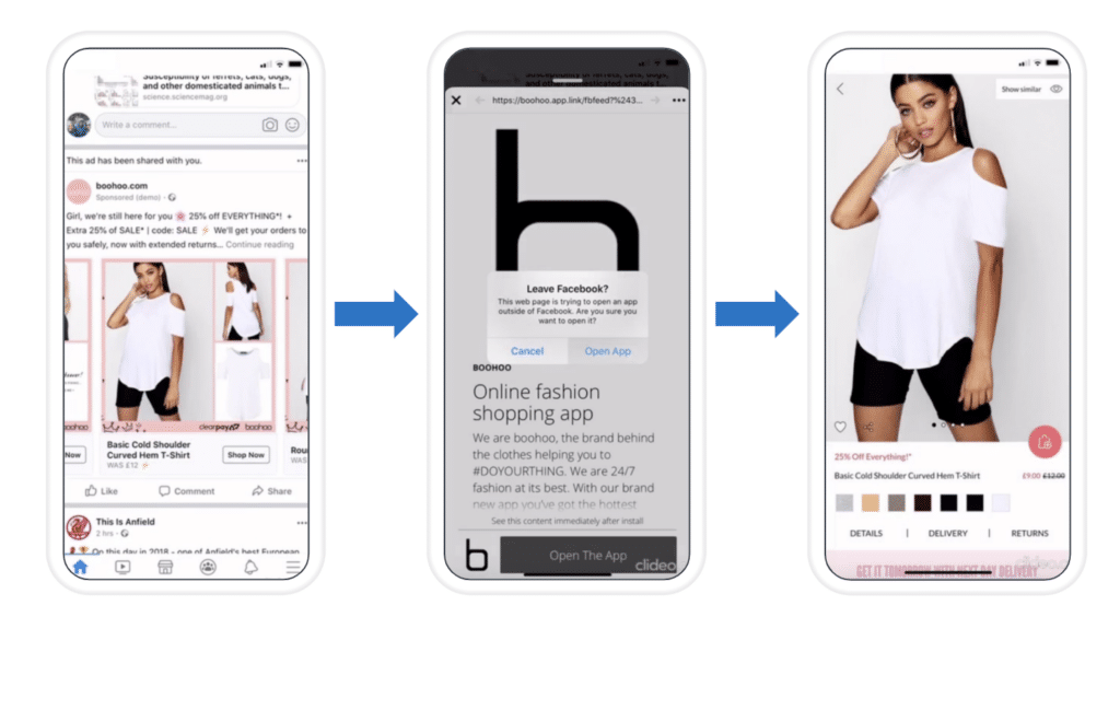 Boohoo ad on Facebook leading to in-app product