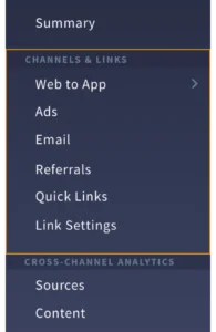 Dashboard menu displaying options for Channels & Links, including Ads, Email, Referrals, and Cross-Channel Analytics settings.
