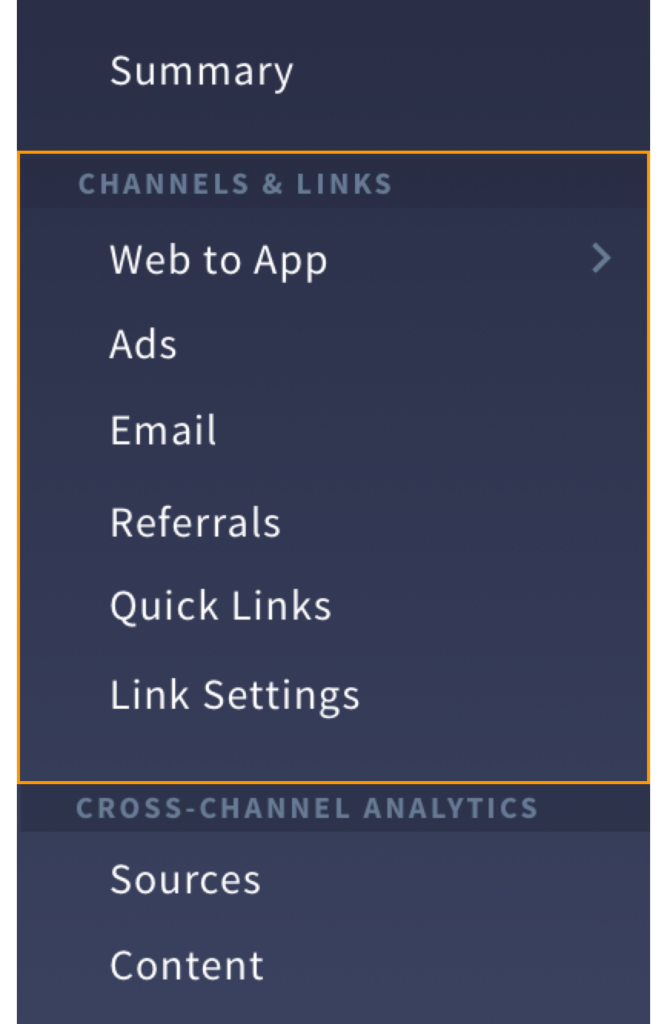 Sidebar menu showing sections "Summary," "Channels & Links" with options Web to App, Ads, Email, Referrals, Quick Links, Link Settings, and "Cross-Channel Analytics" with Sources and Content.