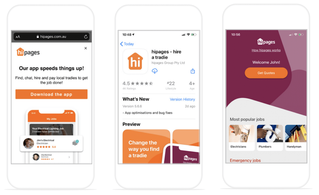 Screenshots showcasing the hipages app for hiring tradies, featuring ratings, user interface, and service options.
