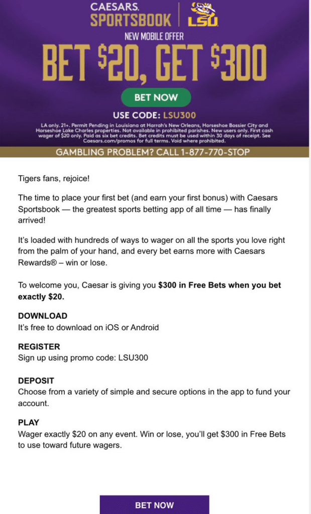 Caesar's Sportsbook example of an email with links