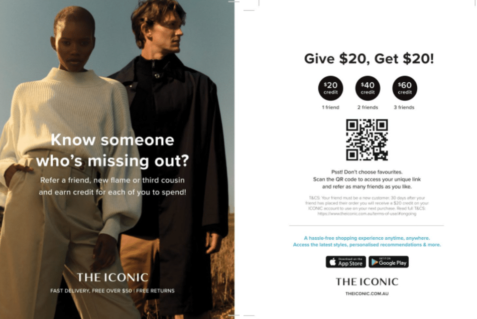 QR code embedded into a referral program. THE ICONIC QR code ad.