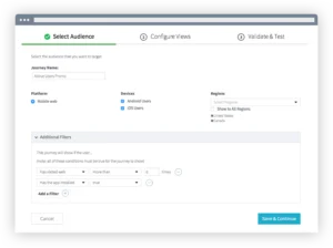 A screenshot of an audience selection interface for a user journey setup, featuring filters for user behavior, devices, and regions.