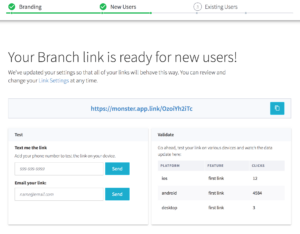 Branch link setup screen with usage stats
