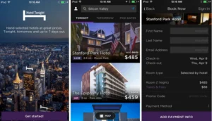 A collage of three smartphone screenshots showing a hotel booking app interface.
