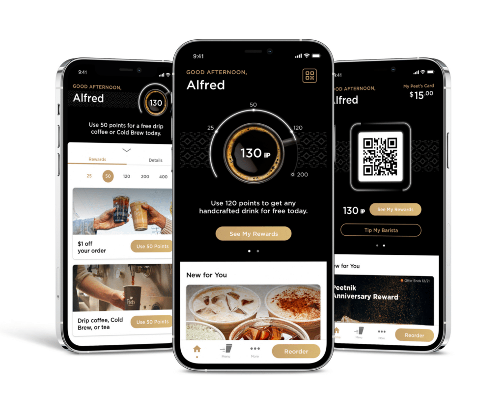 graphic showing different views of the Peet's Coffee app