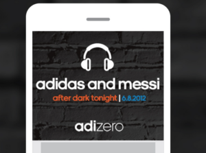Graphic featuring a smartphone display with event details for "adidas and Messi" on June 8, 2012, against a dark background.
