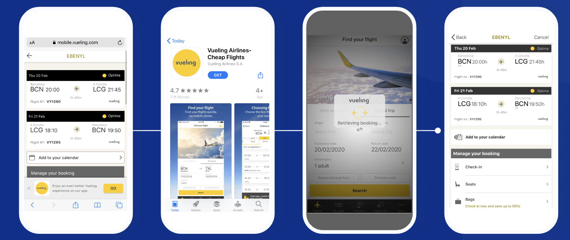 User flow in from the mobile web to the Vueling app: Screen 1: User is managing booking on mobile website. Smart banner shows prompt to download the app. Screen 2: Vueling app listing in the app store Screen 3: User downloads the Vueling app. Upon install, the app automatically retrieves the booking information. Screen 4: User resumes booking activity in the app. 