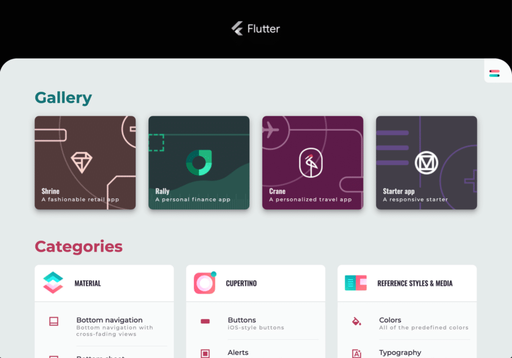 Image showing the gallery and categories available on the Flutter Showcase.