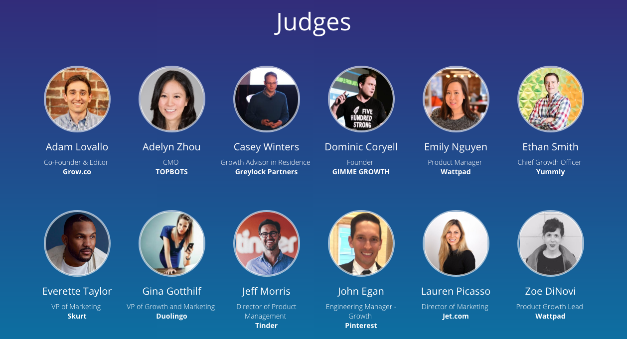 A group of diverse judges from various tech companies, each labeled with their names and roles, set against a vibrant blue background.