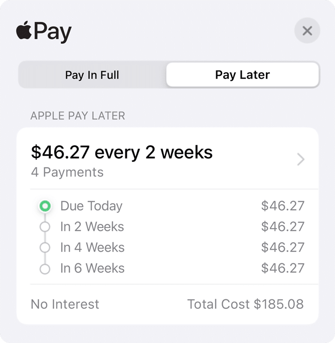 Image of an iPhone showing two Apple Pay orders next to a screenshot of the Pay Later option that will automatically divide the total $185.08 into four $46.27 payments due every two weeks.