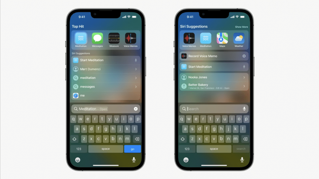 Image of two iPhones side by side showing a user searching for Meditation on the phone and then on the other phone, it shows the Siri Suggestions based on the query. 