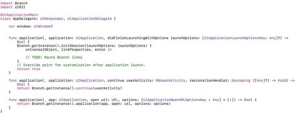 Screenshot of Swift code showing an iOS AppDelegate setup with Branch SDK integration for deep linking, including methods for launching, continuing user activity, and opening URLs.