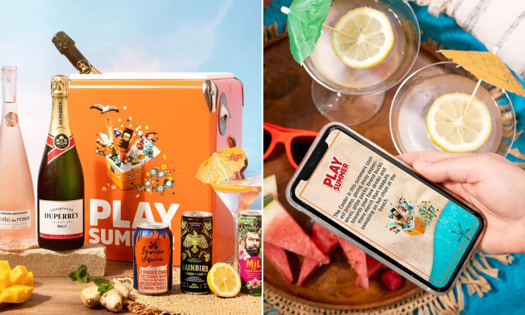 Image of cooler, wine, and screenshot of campaign 'Play Summer'