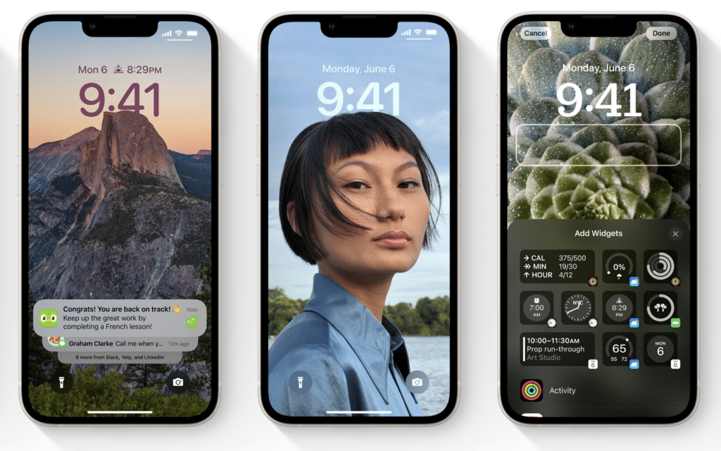 Three iPhones next to each other show the different ways that the lock screen can be personalized, including through notifications and adding widgets. 
