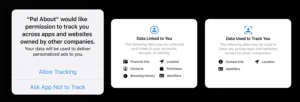 Pop-up notifications requesting tracking permissions from the app "Pal About," detailing data usage for personalized ads.