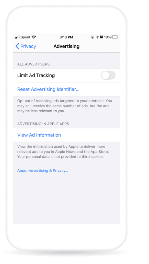 Screenshot of an iPhone displaying the Advertising section under Privacy settings, with options for ad tracking and information management.