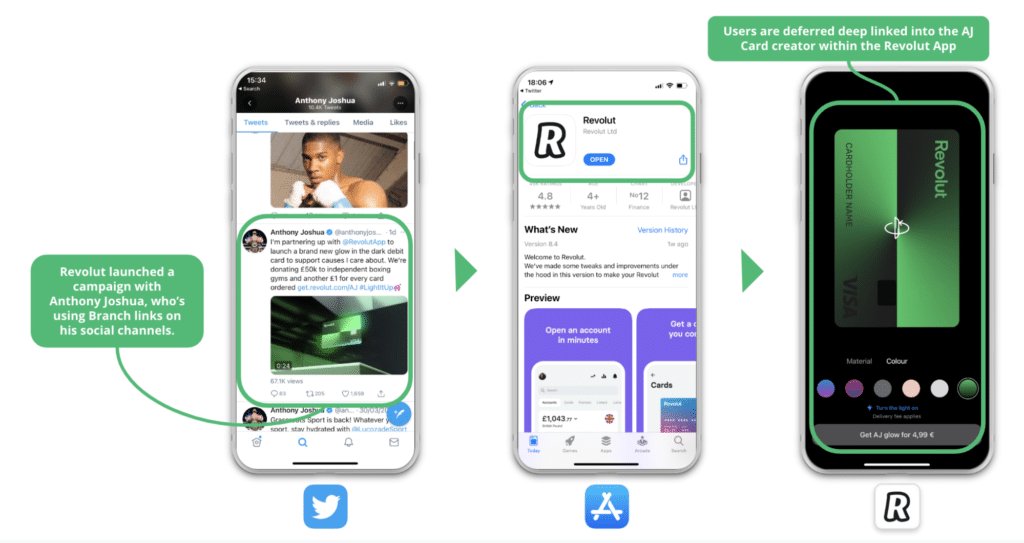 Image showing the progression of the Revolut campaign using Branch deep links on Anthony Joshua's social media channels that open the app store and then a AJ card creator within the Revolut app