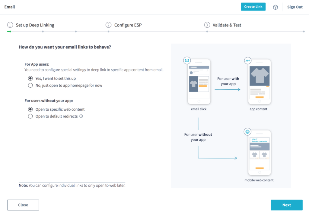 Email setup interface for configuring deep linking options for app and web users, with choices for links behavior.