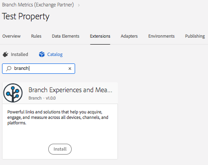 Screenshot from Adobe dashboard to Install/Enable the AdobeBranchExtension