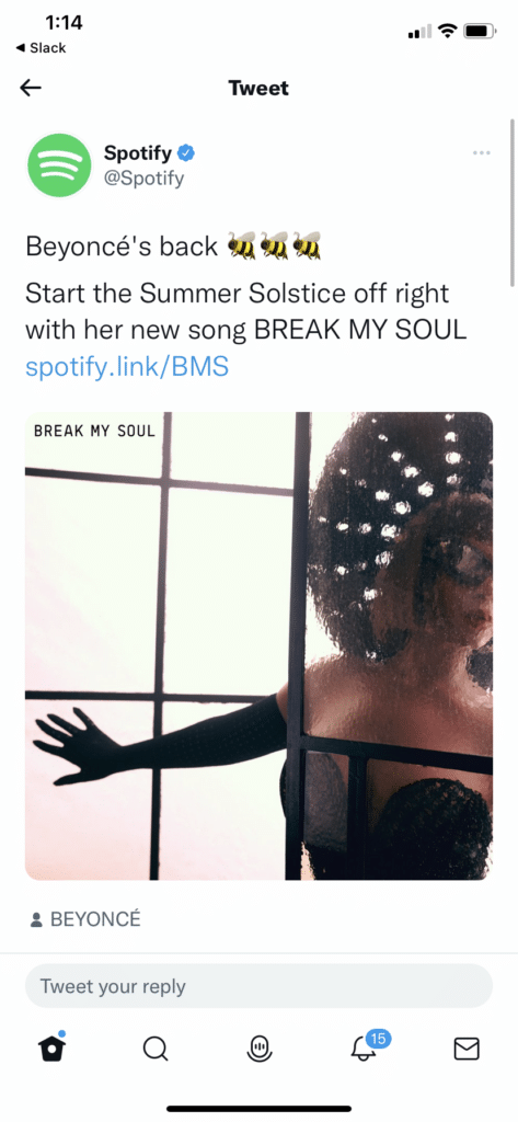 Image showing a Spotify tweet annoying that Beyonce's back with a Branch deep link directly to her new song on Spotify.