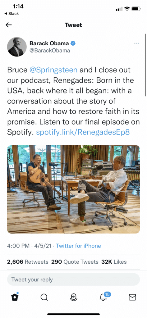 Image showing a tweet from Barack Obama about his podcast with a Branch deep link directly to the podcast on Spotify. 