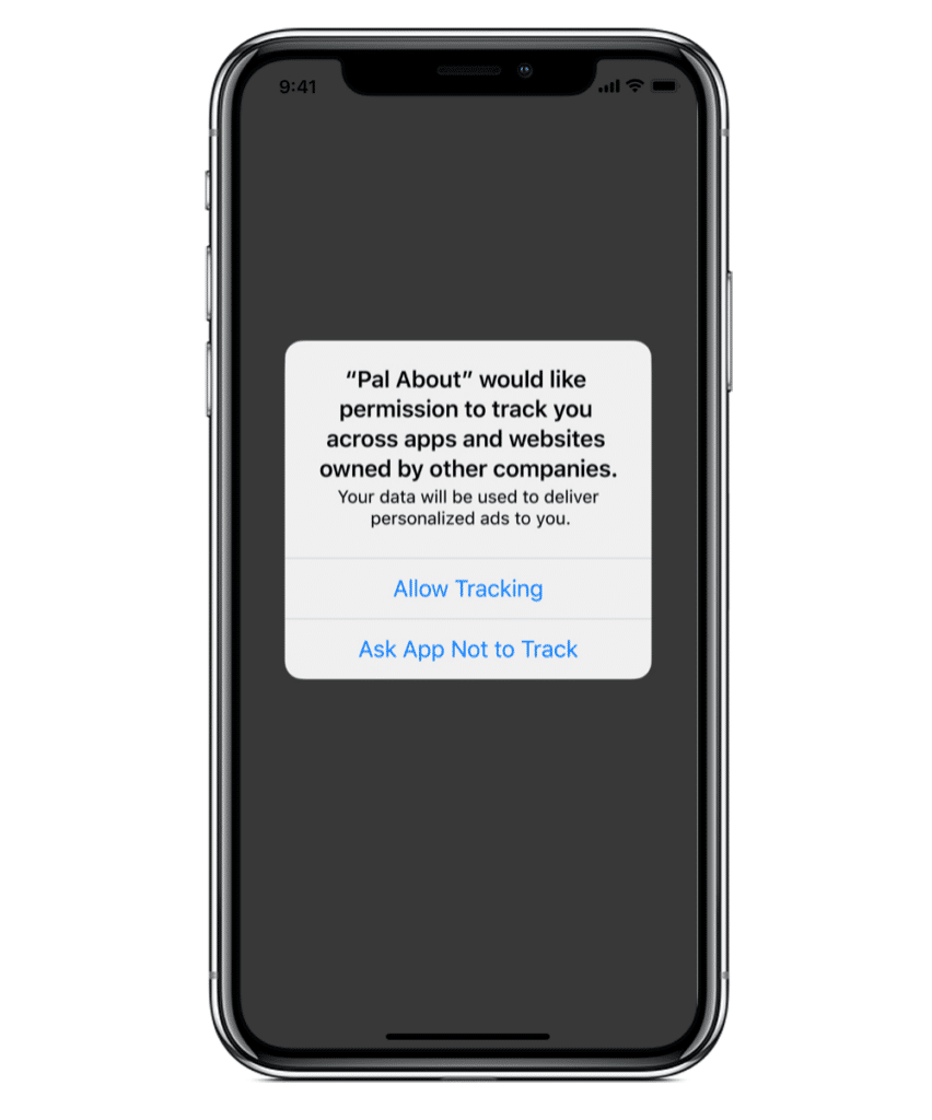 A smartphone displaying a permission prompt from the app "Pal About" requesting tracking consent for personalized ads.