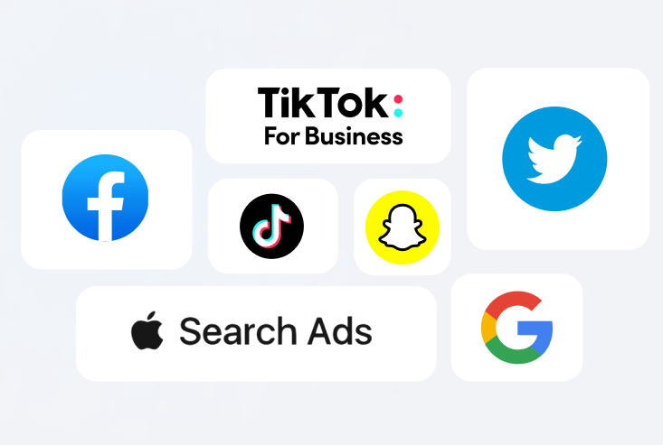 Image with TikTok, Twitter, Facebook, Snapchat, Google, and Apple Search Ads logos