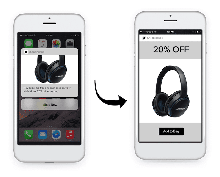 Fictional app ShoppingApp push notification into online cart with Bose headphones