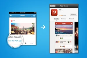 A smartphone screen showing a transition from a Twitter post to the Path app page in the App Store.