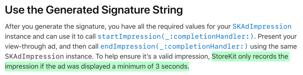 Text excerpt explaining how to use SKAdImpression instance and the requirement for recording ad impressions.