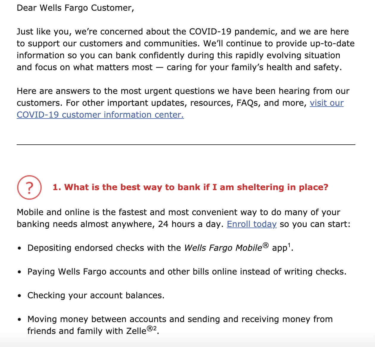 Screenshot of a FAQ regarding online banking methods while sheltering in place.