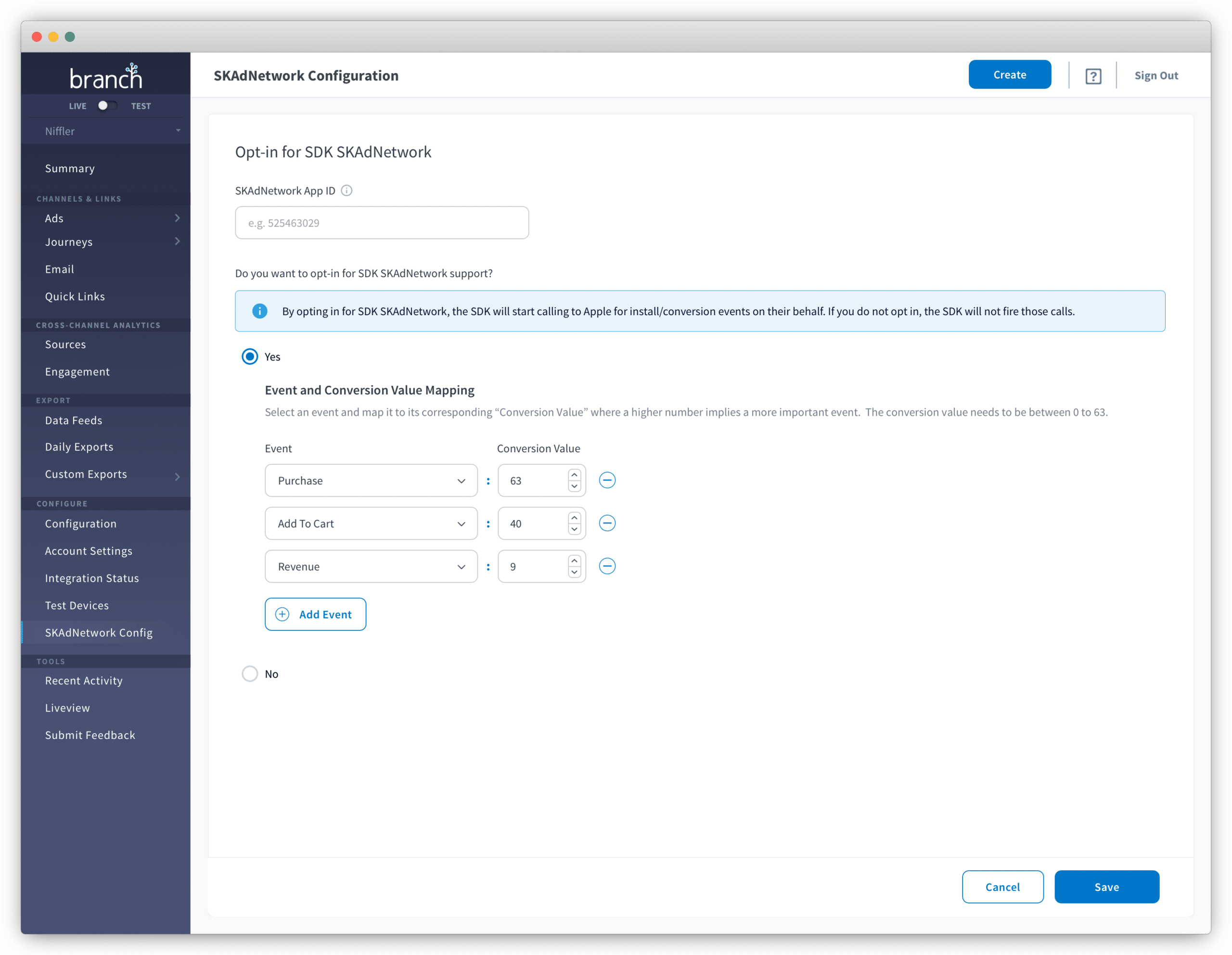 Screenshot of SDK SKAdNetwork configuration, showcasing options for event tracking and conversion value mapping settings.
