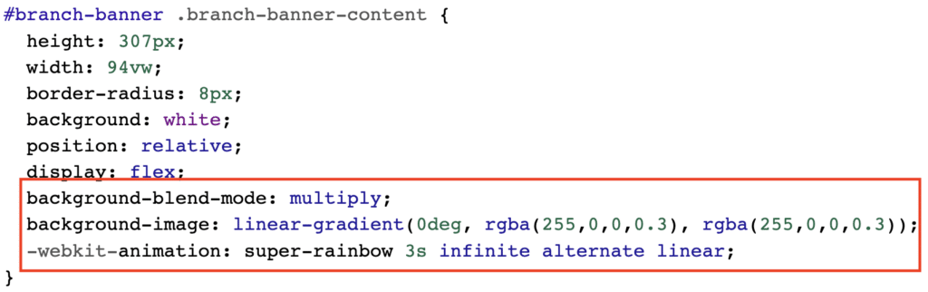 CSS snippet showing background updates for super-rainbow gradients, colors, and animation