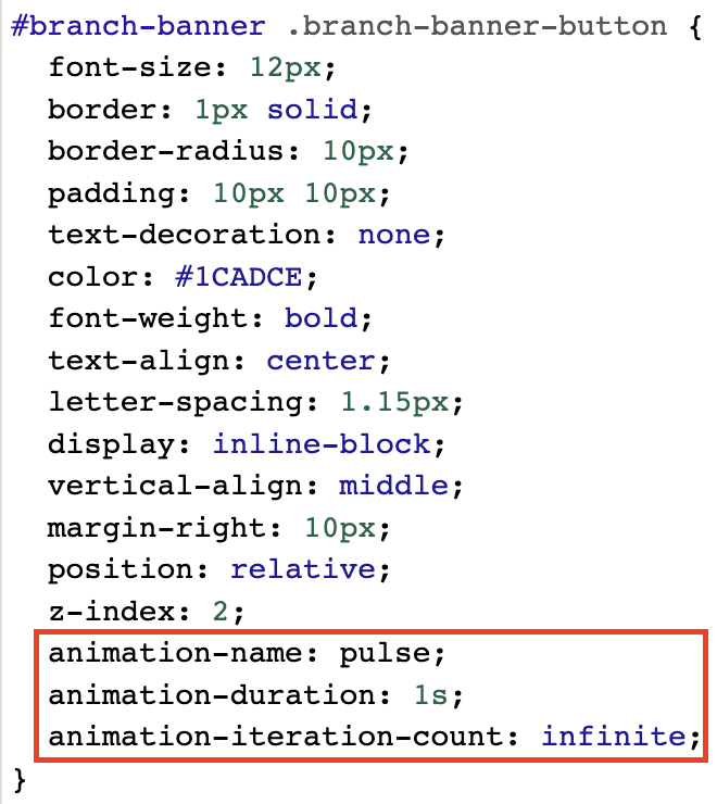 CSS code snippet showing where to update the animation name, duration, and iteration count