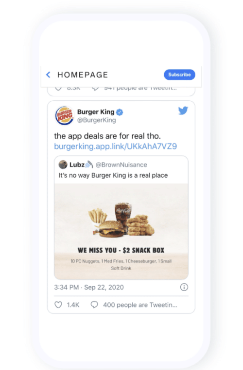 iPhone with screenshot showing how Burger King filters users who have not used the app in 90 days or more, and offers a two dollar snack box in-app only.
