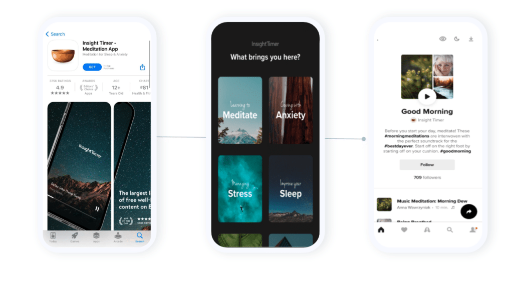 Three iPhones with screenshots showing a meditation app onboarding with deferred deep links