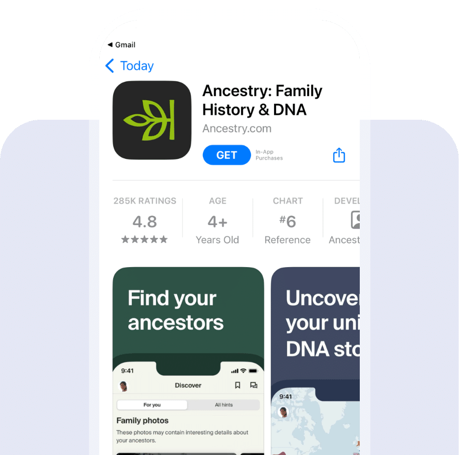 Screenshot of the Ancestry app listing in the app store.