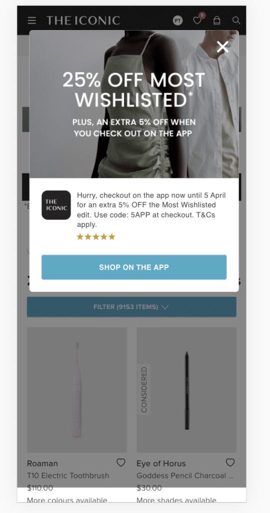 Screenshot of a "25% off most wishlisted" offer with a call to action to shop on the app
