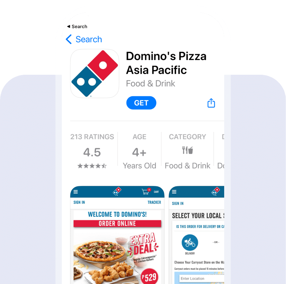 Screenshot of the Domino's app listing in the app store.