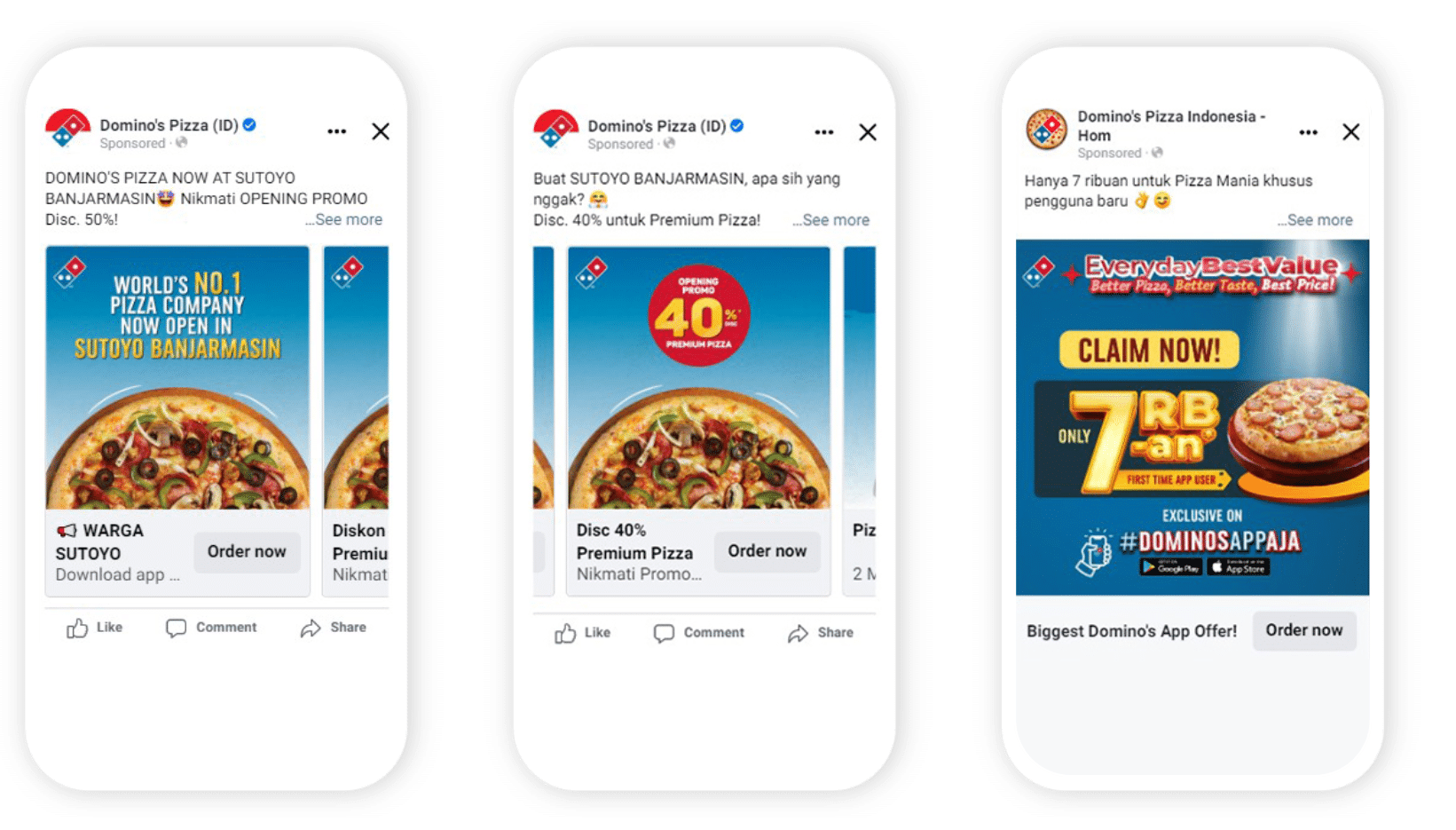 Three images of personalized Domino's ads. Image 1: Opening promotion offering a 50% discount. "World's No. 1 pizza company now open in Sutoyo Banjarmasin" Image 2: 40% off premium pizza Image 3: Biggest Domino's App Offer, exclusive on #DominosAppAja