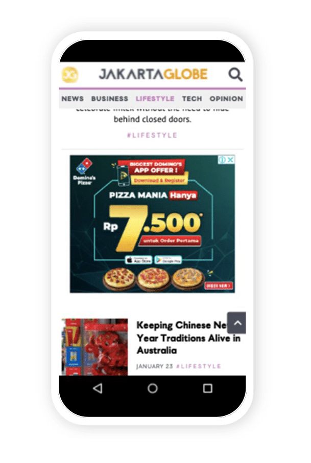 Screenshot of a Domino's affiliate ad shown on Jakarta Globe