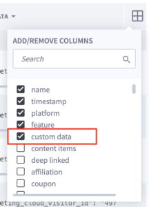 Screenshot of Add/Remove Columns section with name, timestamp, platform, featured, and custom data checked