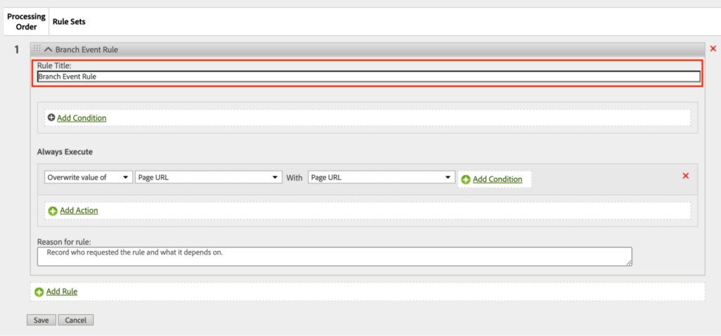 Screenshot showing how to give your rule a title in the Rule Title input field. 