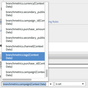 Screenshot of Adobe Analytics showing all the Branch metrics values you can use when setting up the conditions for a processing rule