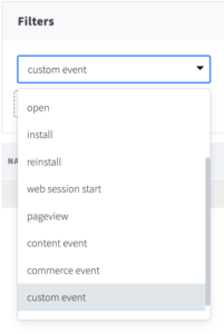 Screenshot of Branch dashboard showing the custom event dropdown