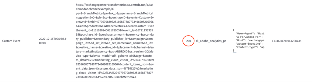 Screenshot of The webhook response code showing a code of 200, which means the event was correctly sent. 
