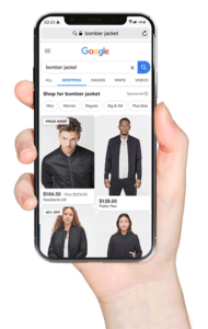 Screenshot of Google Shopping product feed for a search for leather jackets on mobile phone.