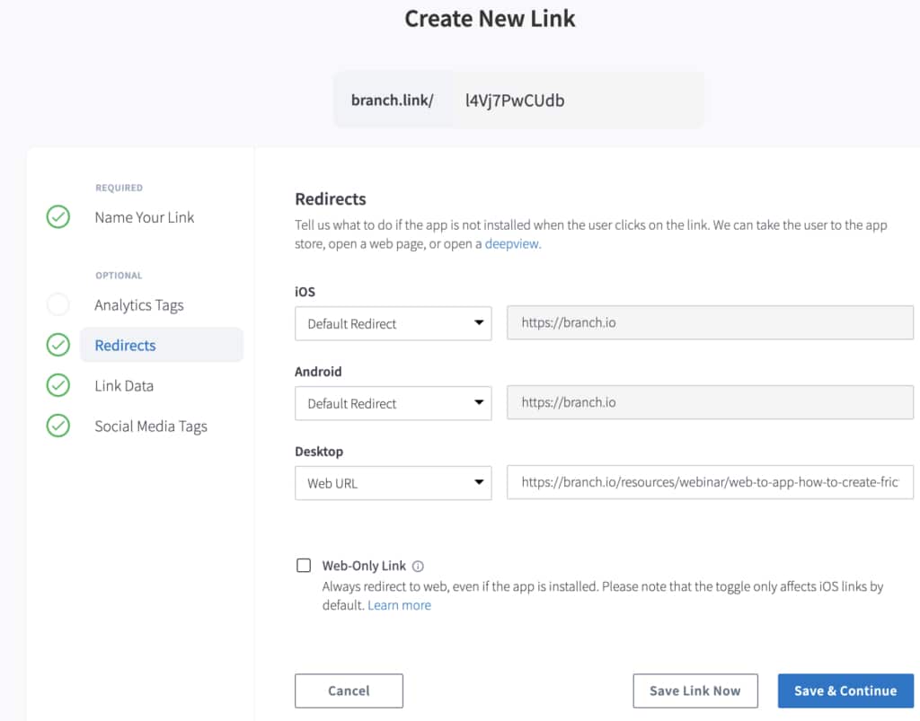 Screenshot of creating a new link from the Branch dashboard